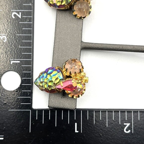 Vintage West Germany Earrings Lava Rock Peacock Glass Clip Earrings Gold Tone 1" - Picture 11 of 11